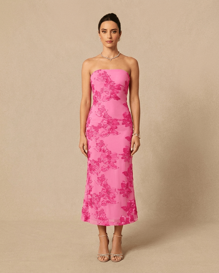 Florette | Strapless Floral Mesh Bodycon Tube Maxi Dress with Side Slit - mildlymama