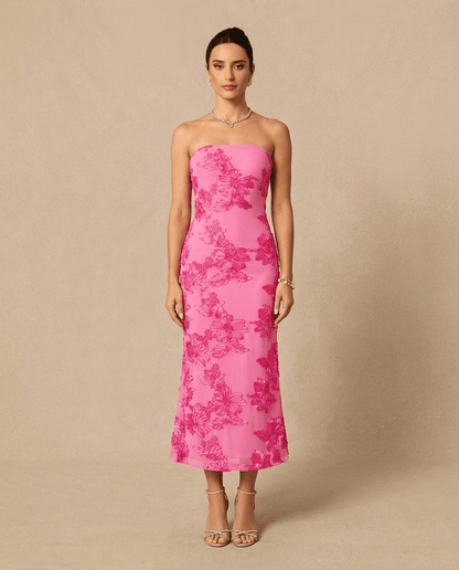 Florette | Strapless Floral Mesh Bodycon Tube Maxi Dress with Side Slit - mildlymama