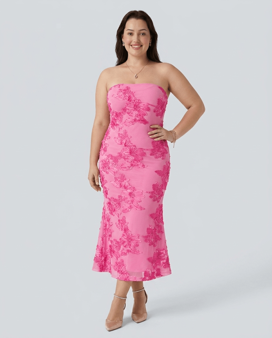Florette | Strapless Floral Mesh Bodycon Tube Maxi Dress with Side Slit - mildlymama