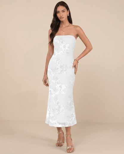 Florette | Strapless Floral Mesh Bodycon Tube Maxi Dress with Side Slit - mildlymama