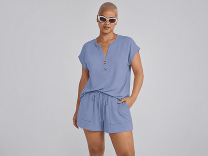 Indie | Henley Button - Neck Top & Matching Shorts Two - Piece Lounge Set - mildlymama