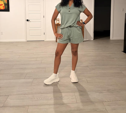 Indie | Henley Button - Neck Top & Matching Shorts Two - Piece Lounge Set - mildlymama