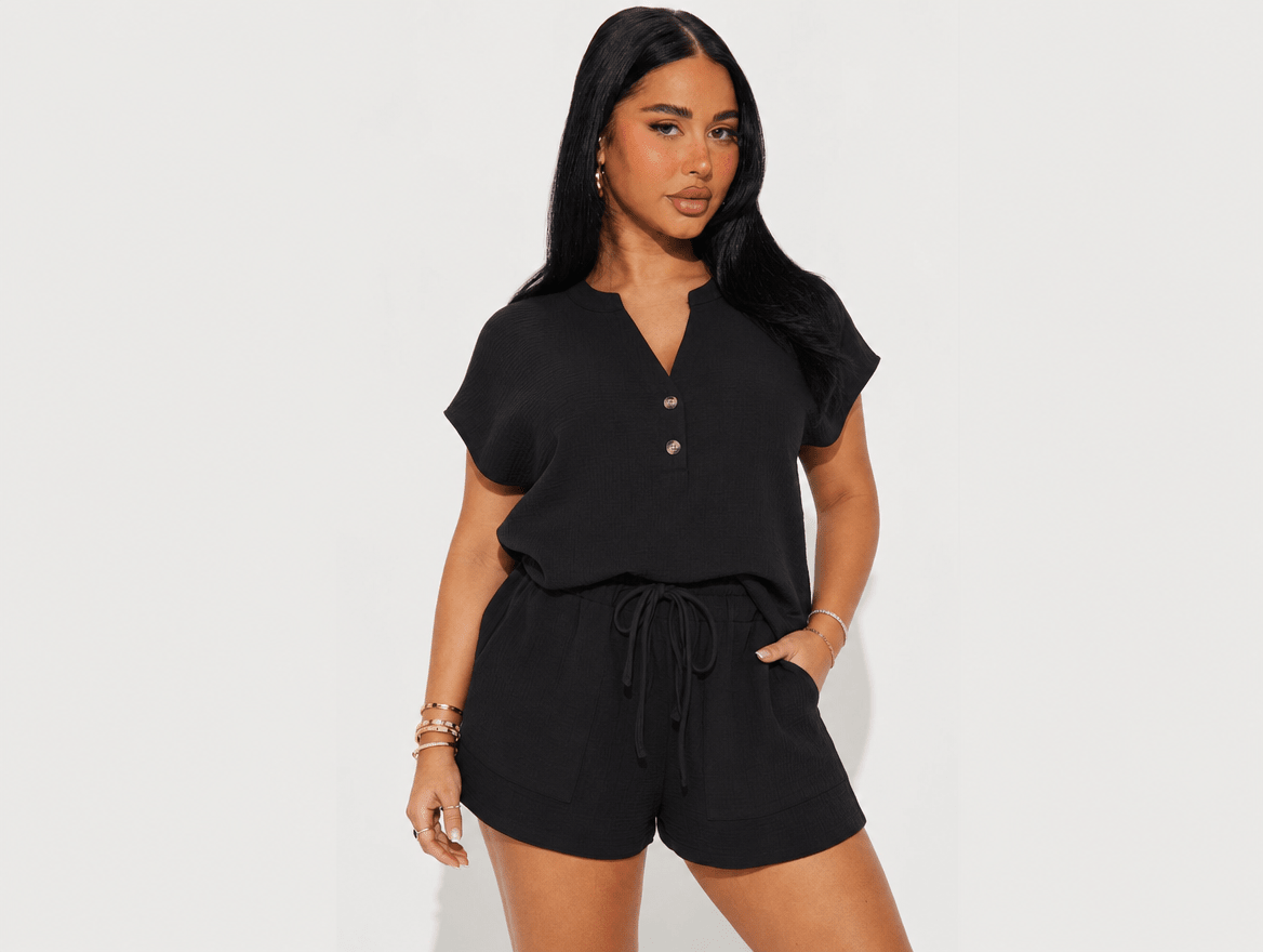 Indie | Henley Button - Neck Top & Matching Shorts Two - Piece Lounge Set - mildlymama