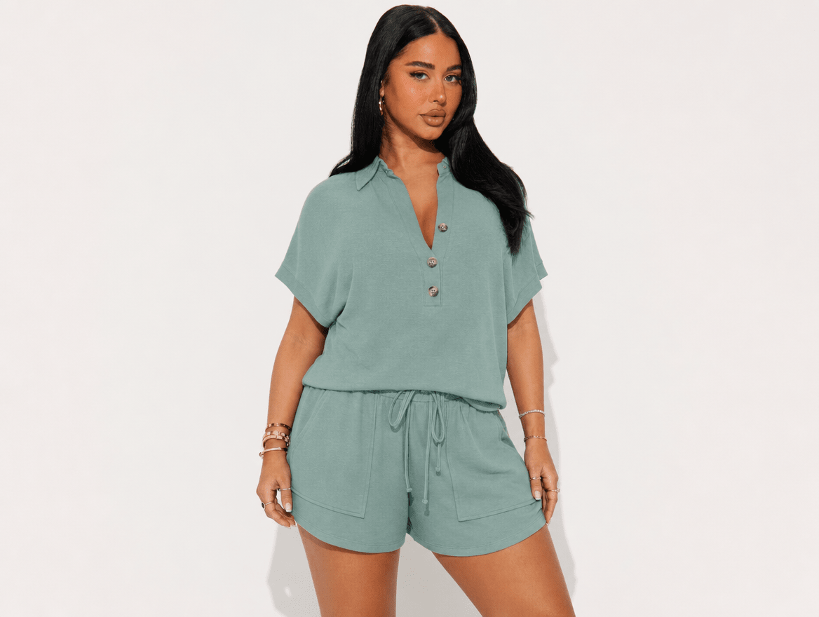 Indie | Henley Button - Neck Top & Matching Shorts Two - Piece Lounge Set - mildlymama