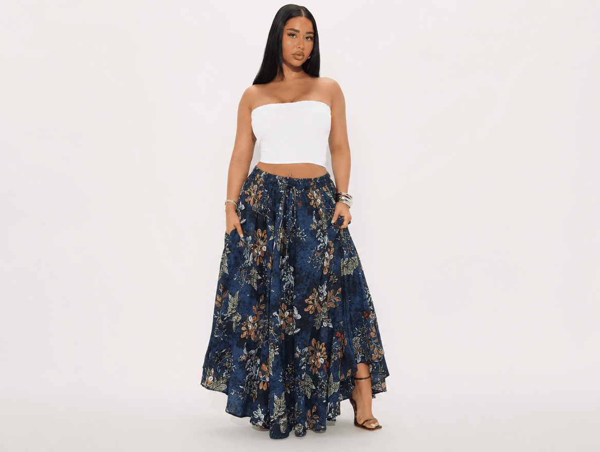 Ivory | Elastic High Waist A - Line Flowy Maxi Skirt with Hidden Pockets - mildlymama