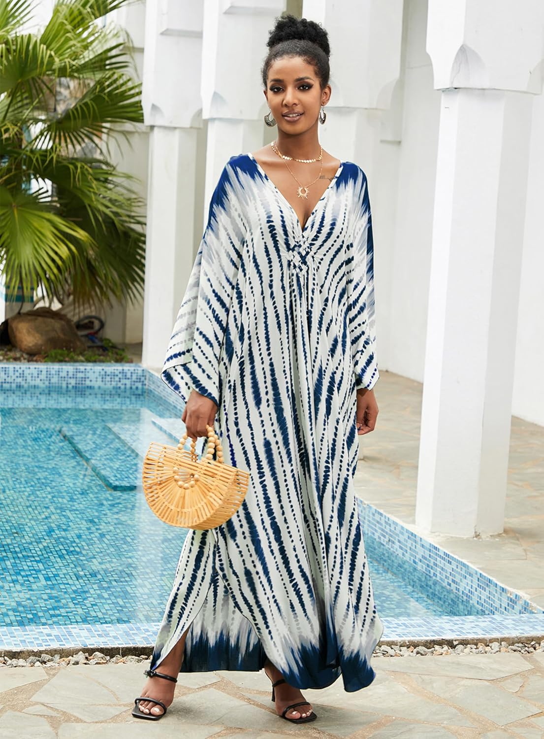 Kaftan Dresses plus Size V - Neck Women'S Swimwear Cover Ups Tie Dye Batwing Sleeves Mumu Caftan Dress - mildlymama