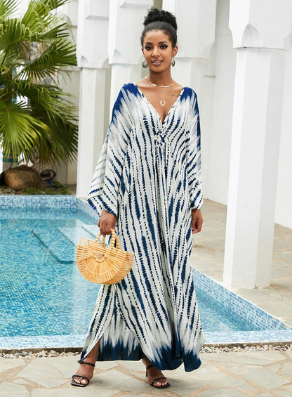 Kaftan Dresses plus Size V - Neck Women'S Swimwear Cover Ups Tie Dye Batwing Sleeves Mumu Caftan Dress - mildlymama