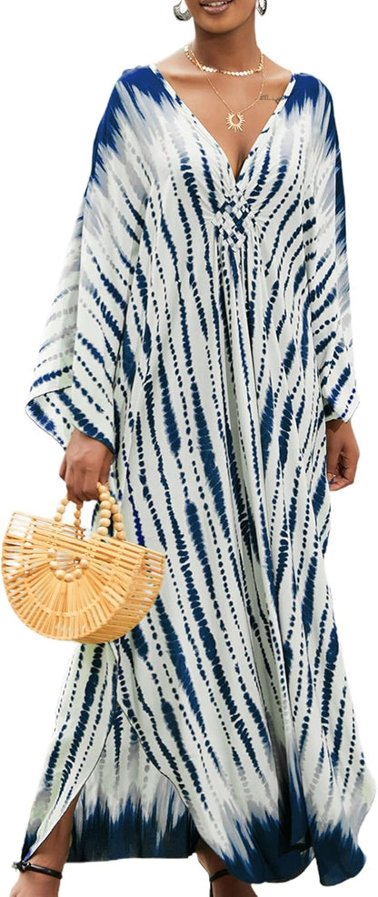 Kaftan Dresses plus Size V - Neck Women'S Swimwear Cover Ups Tie Dye Batwing Sleeves Mumu Caftan Dress - mildlymama