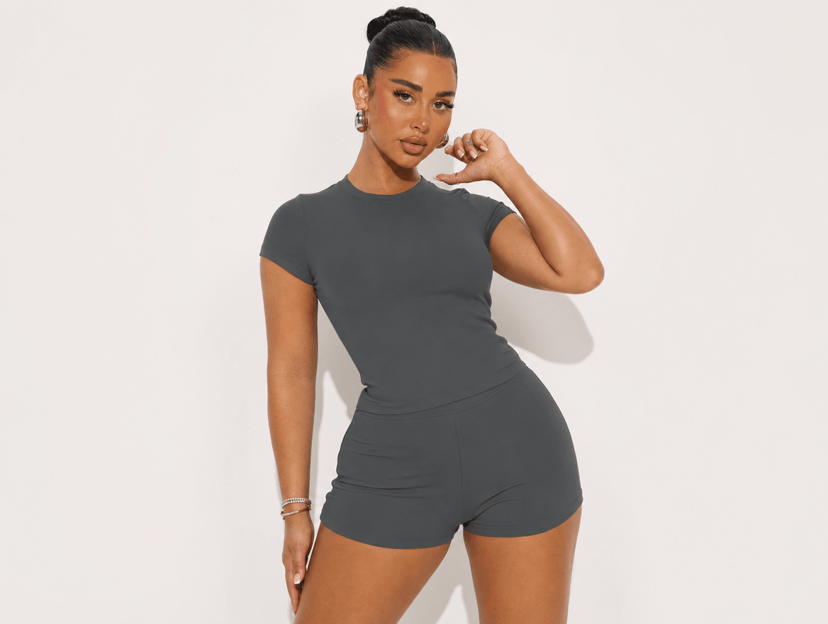 Lena | Crewneck Slim Fit Baby Tee & High - Waist Shorts Two - Piece Lounge Set - mildlymama