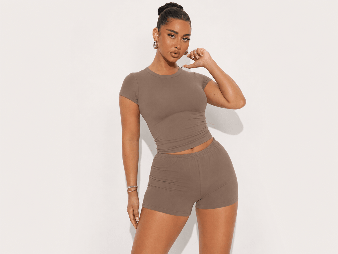 Lena | Crewneck Slim Fit Baby Tee & High - Waist Shorts Two - Piece Lounge Set - mildlymama