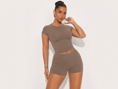Lena | Crewneck Slim Fit Baby Tee & High - Waist Shorts Two - Piece Lounge Set - mildlymama