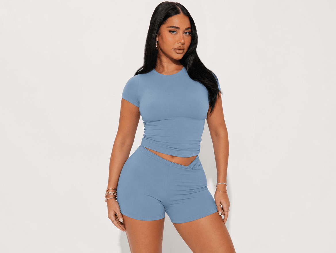 Lena | Crewneck Slim Fit Baby Tee & High - Waist Shorts Two - Piece Lounge Set - mildlymama