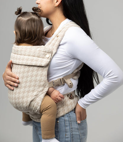 Mabē Monarch Ergonomic Baby Carrier – Premium Cotton Soft Structured Newborn to Toddler Carrier with Hip - Healthy Design, 3 Carry Positions (7 - 35lbs), Lightweight & Breathable, (Houndstooth) - mildlymama