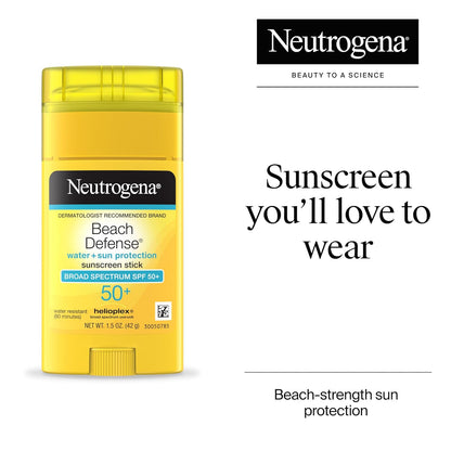 Neutrogena Beach Defense Sunscreen Stick SPF 50, Broad Spectrum Sun Protection for Face & Body, Water - Resistant, Non - Greasy Formula, Travel Size for Beach & Outdoor Use, 1.5 Oz (42 G) - mildlymama