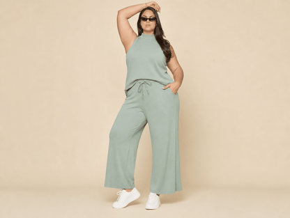 Noelle | Sleeveless Mock Neck Top & Wide Leg Crop Pants Two - Piece Lounge Set - mildlymama