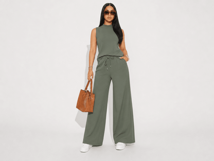 Noelle | Sleeveless Mock Neck Top & Wide Leg Crop Pants Two - Piece Lounge Set - mildlymama