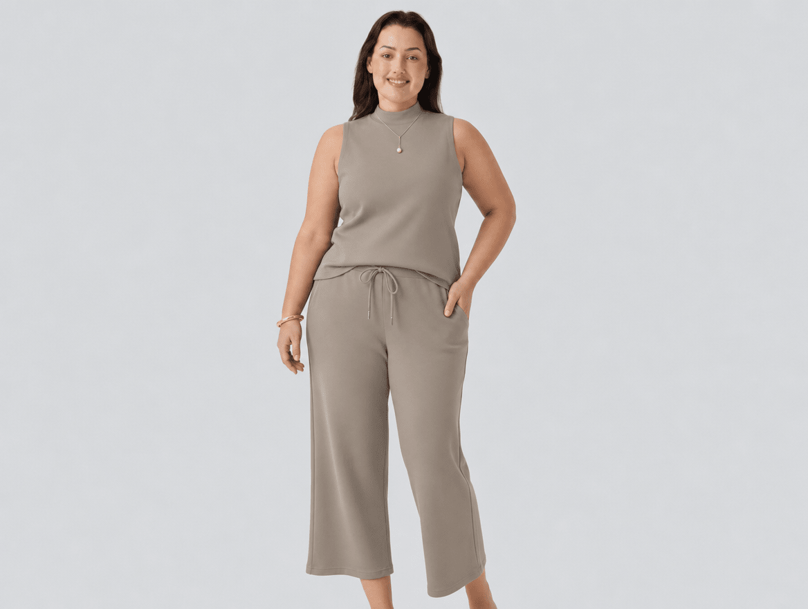 Noelle | Sleeveless Mock Neck Top & Wide Leg Crop Pants Two - Piece Lounge Set - mildlymama