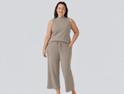 Noelle | Sleeveless Mock Neck Top & Wide Leg Crop Pants Two - Piece Lounge Set - mildlymama