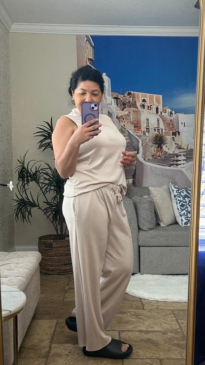 Noelle | Sleeveless Mock Neck Top & Wide Leg Crop Pants Two - Piece Lounge Set - mildlymama