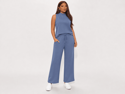 Noelle | Sleeveless Mock Neck Top & Wide Leg Crop Pants Two - Piece Lounge Set - mildlymama