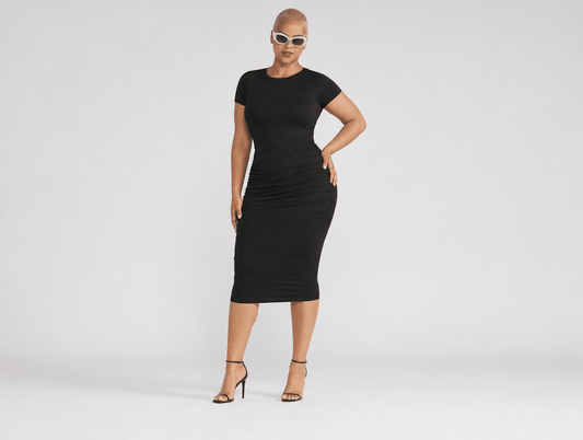 Noelle | Sleeveless Racerback Side - Ruched Bodycon Midi Dress - mildlymama