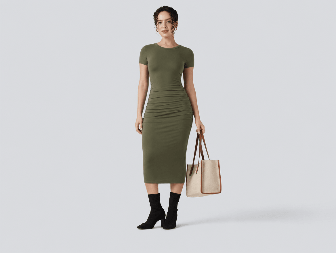 Noelle | Sleeveless Racerback Side - Ruched Bodycon Midi Dress - mildlymama