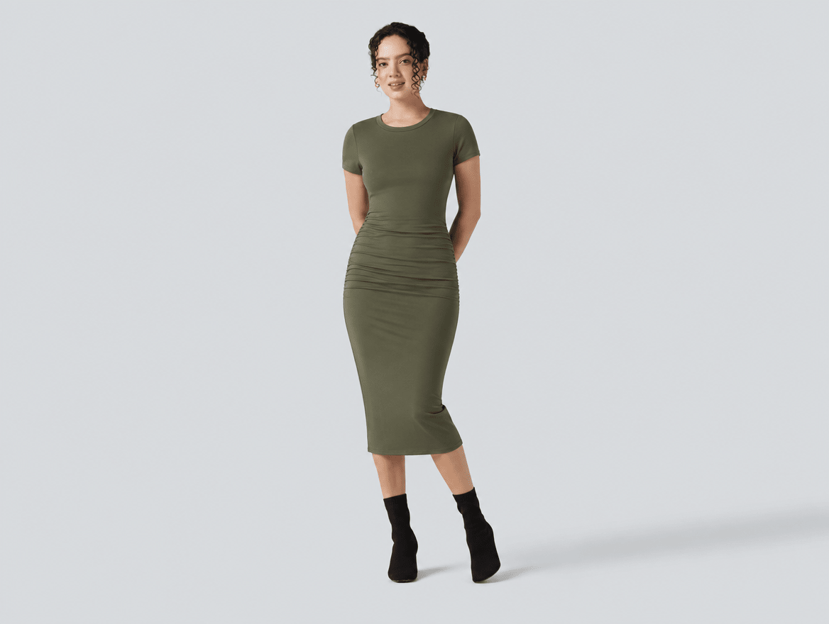 Noelle | Sleeveless Racerback Side - Ruched Bodycon Midi Dress - mildlymama