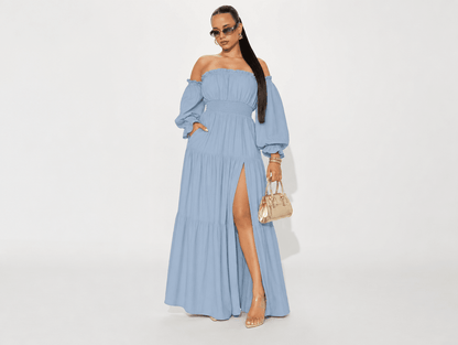 Reverie | Off Shoulder Side Split Flowy A - Line Maxi Dress with Pockets - mildlymama