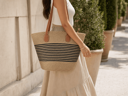 Riviera | Large Woven Straw Beach Tote Bag with Zipper & Removable Silk Scarf - mildlymama