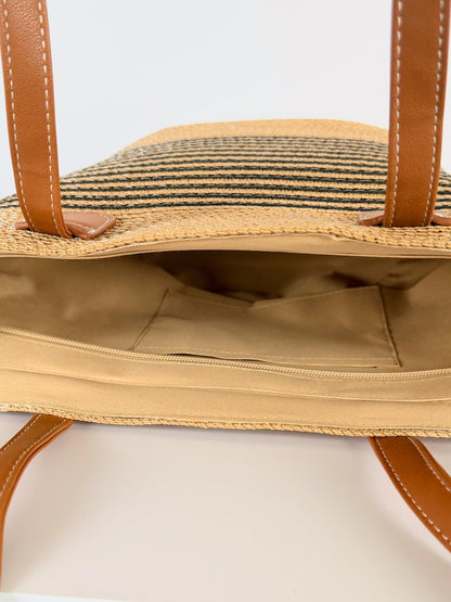 Riviera | Large Woven Straw Beach Tote Bag with Zipper & Removable Silk Scarf - mildlymama