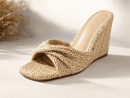 Rosette | Braided Raffia Twist Bow Wedge Mule Sandals with Square Open Toe - mildlymama