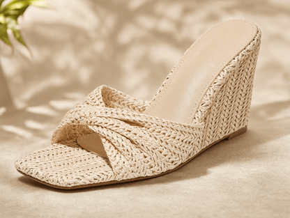 Rosette | Braided Raffia Twist Bow Wedge Mule Sandals with Square Open Toe - mildlymama