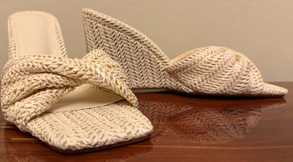 Rosette | Braided Raffia Twist Bow Wedge Mule Sandals with Square Open Toe - mildlymama
