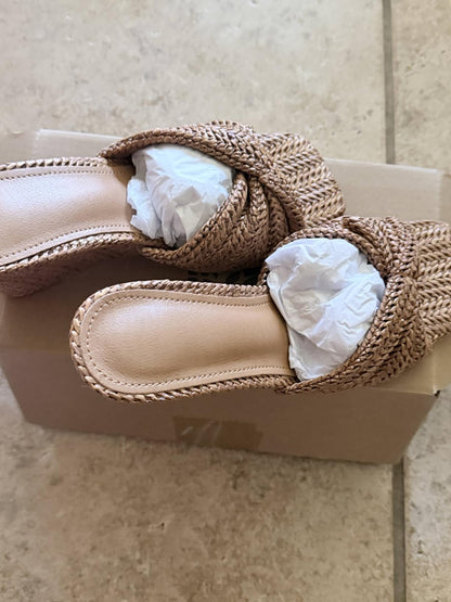 Rosette | Braided Raffia Twist Bow Wedge Mule Sandals with Square Open Toe - mildlymama