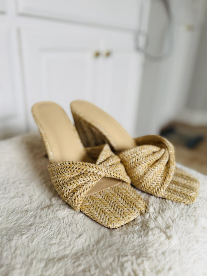 Rosette | Braided Raffia Twist Bow Wedge Mule Sandals with Square Open Toe - mildlymama