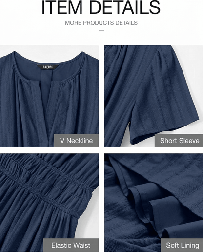 Sage | Short Sleeve V - Neck Elastic Waist Boho Maxi Dress with Pockets - mildlymama