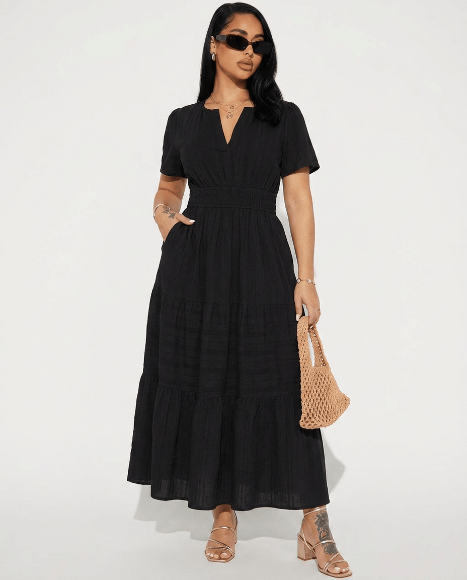 Sage | Short Sleeve V - Neck Elastic Waist Boho Maxi Dress with Pockets - mildlymama
