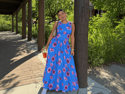 Seraphina | Floral Sleeveless Mesh Smocked Back Ruffle Hem Maxi Dress with Pockets - mildlymama