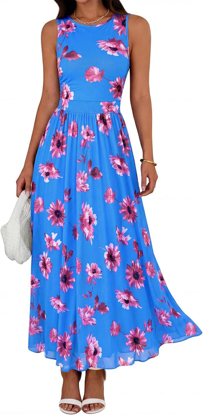 Summer Dresses for Women 2026 Floral Maxi Dress Sleeveless Mesh Flowy Spring Wedding Guest Dress Long Sundresses - mildlymama