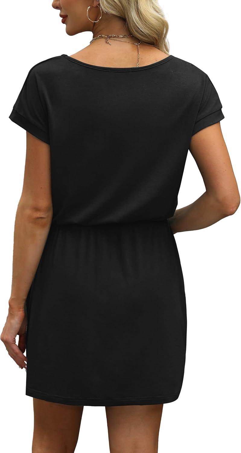 Summer Dresses for Women 2026 V Neck T Shirt Casual Mini Dresses Tie Waist Sundresses with Pockets - mildlymama