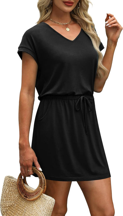 Summer Dresses for Women 2026 V Neck T Shirt Casual Mini Dresses Tie Waist Sundresses with Pockets - mildlymama