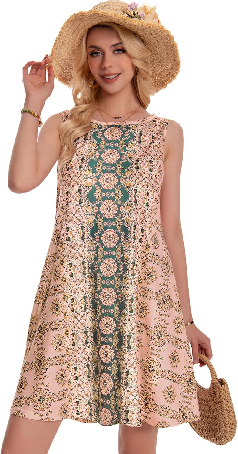 Summer Dresses for Women Beach Boho Sleeveless Vintage Floral Flowy Pocket Tshirt Tank Sundresses 2026 - mildlymama