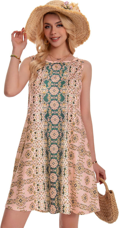 Summer Dresses for Women Beach Boho Sleeveless Vintage Floral Flowy Pocket Tshirt Tank Sundresses 2026 - mildlymama
