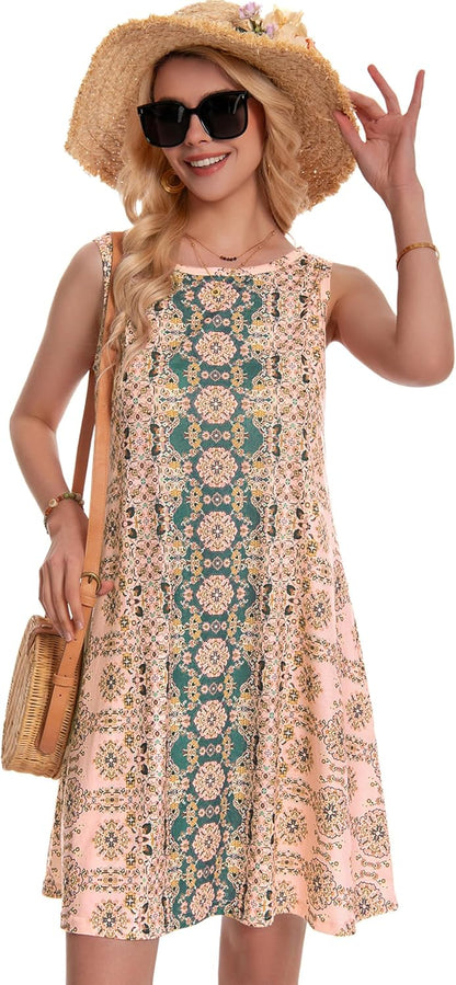 Summer Dresses for Women Beach Boho Sleeveless Vintage Floral Flowy Pocket Tshirt Tank Sundresses 2026 - mildlymama