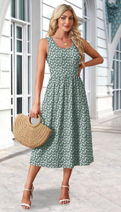 Summer Dresses for Women Flowy Casual Midi Dress Beach Vacation Sundresses with Pockets - mildlymama