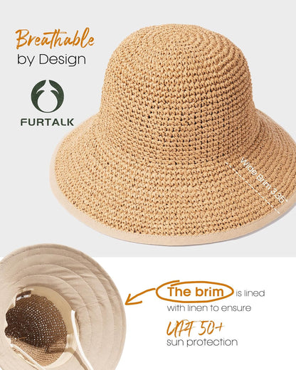 Summer Straw Beach Sun Hats for Women UPF 50 Floppy Wide Brim Travel Bucket Hat Foldable Packable - mildlymama