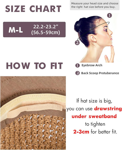 Summer Straw Beach Sun Hats for Women UPF 50 Floppy Wide Brim Travel Bucket Hat Foldable Packable - mildlymama