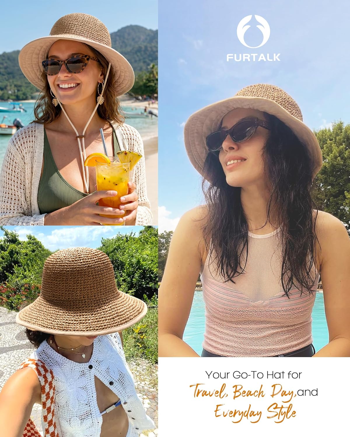 Summer Straw Beach Sun Hats for Women UPF 50 Floppy Wide Brim Travel Bucket Hat Foldable Packable - mildlymama