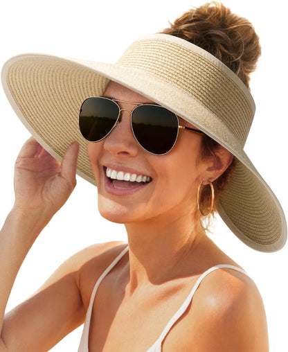 Sun Hats for Women Wide Brim Beach Hat Straw Visor Ponytail Summer UV Packable Foldable Beach Vacation Essentials - mildlymama