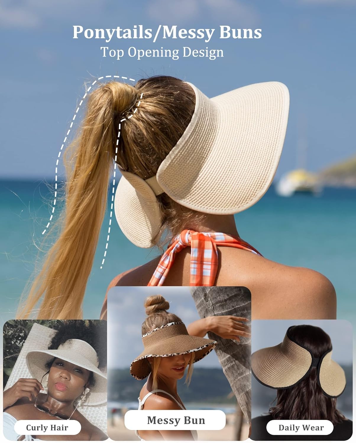 Sun Hats for Women Wide Brim Beach Hat Straw Visor Ponytail Summer UV Packable Foldable Beach Vacation Essentials - mildlymama